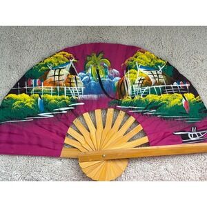 VTG Hand‎ Painted Fan Purple Bamboo Scenic Landscape Artwork Asian Decor